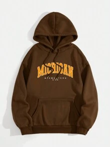 SHEIN EZwear Letter Graphic Kangaroo Pocket Drawstring Thermal Lined Hooded Sweatshirt - Coffee Brown - View 1