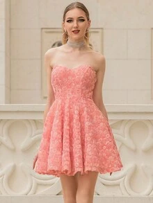 ANGEL FASHIONS Floral Applique Mesh Tube Cocktail Dress - Pink - View 1