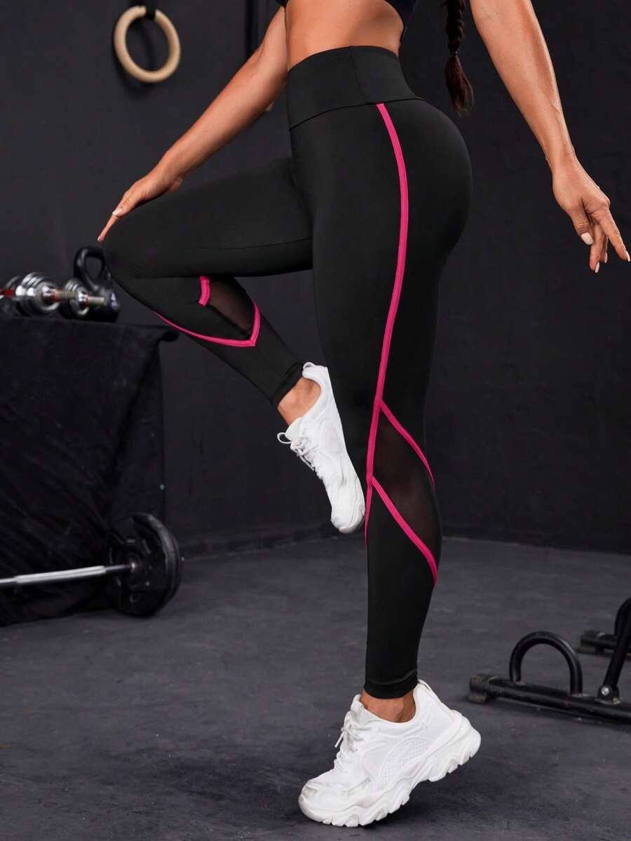 Leggings deportivos de malla en contraste - Negro - Ver 1