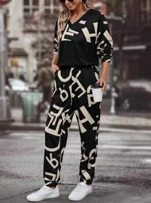 SHEIN LUNE Đồ họa Chữ cái Thả vai Áo len & Quần nỉ - màu đen - Xem 5