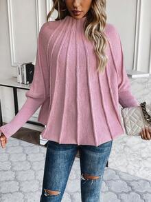 SHEIN LUNE Mock Neck Batwing Sleeve Sweater - Pink - View 4