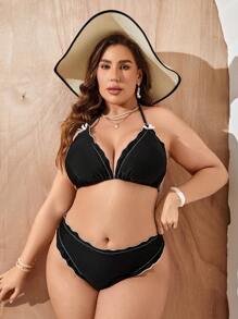 SHEIN Swim Curve 萊葉邊露背比基尼套裝 - 黑色 - 查看 1