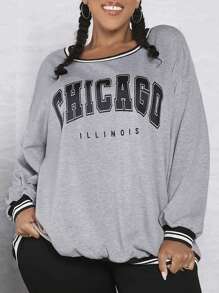 SHEIN CURVE+ Plus Letter Graphic Striped Trim Drop Shoulder Sweatshirt - Multicolor - View 1