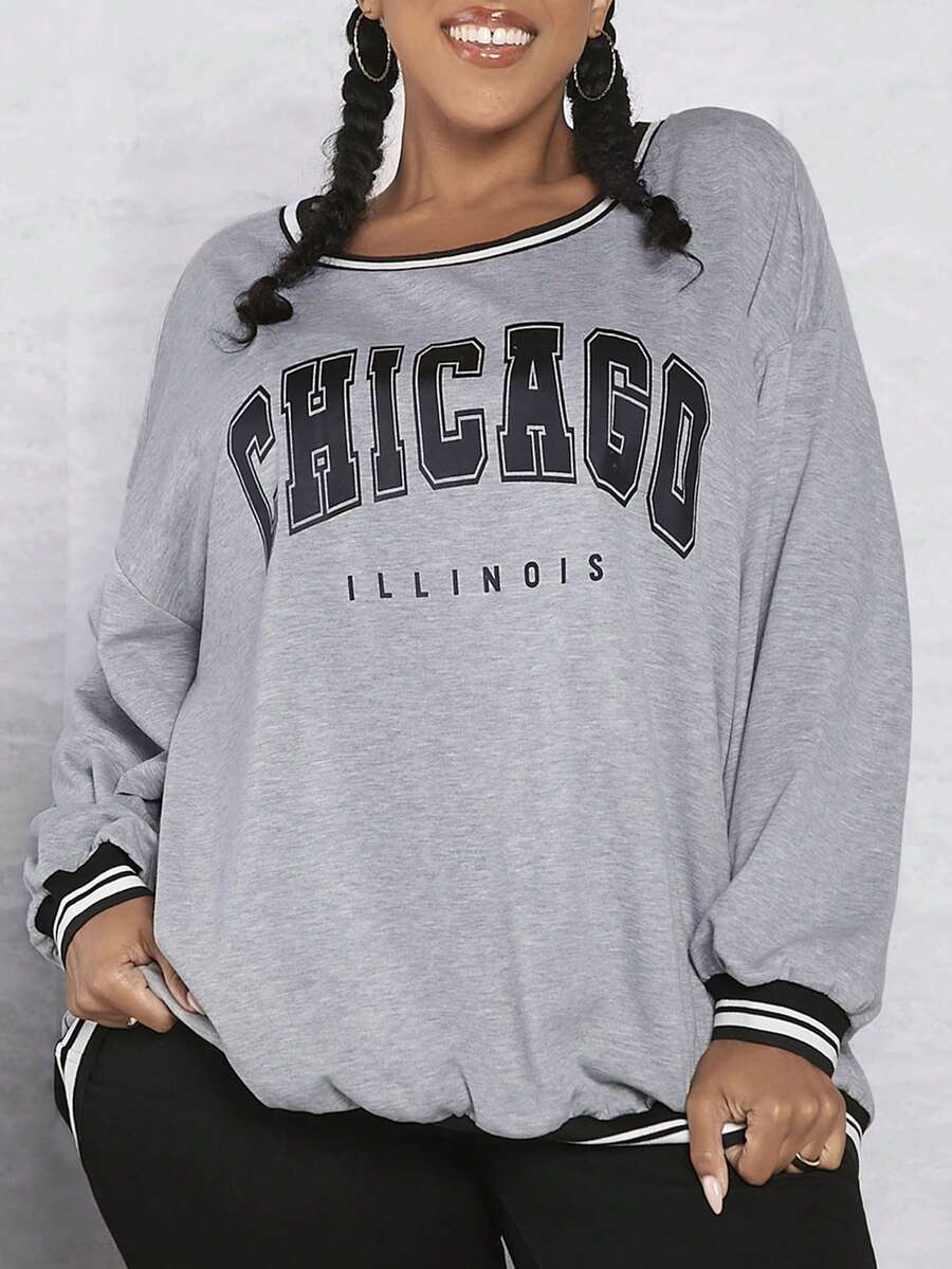 SHEIN CURVE+ Plus Letter Graphic Striped Trim Drop Shoulder Sweatshirt - Multicolor - View 1