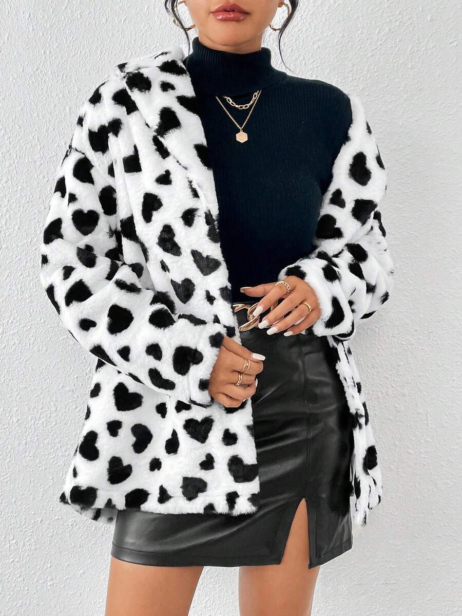 SHEIN Essnce Hình trái tim Mở Mặt trước Áo khoác Teddy - Đen và trắng - Xem 1