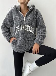 EURMUSE Letter Embroidery Kangaroo Pocket Drop Shoulder Drawstring Teddy Hoodie - Grey - View 3