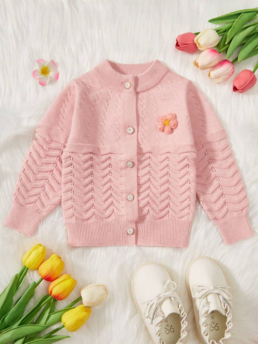 Em bé Cô gái 3D Hoa Chi tiết Nút-Mặt trước Áo len Mở - Bụi hồng - Xem 1