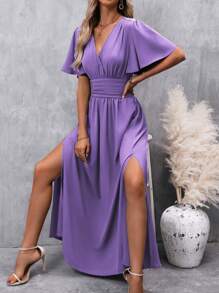 SHEIN LUNE 荷叶边袖开叉大腿长裙女装 - 紫色 - 查看 7