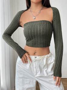 SHEIN EZwear 素色條紋針織抹胸上衣&短上衣 - 軍綠色 - 查看 4