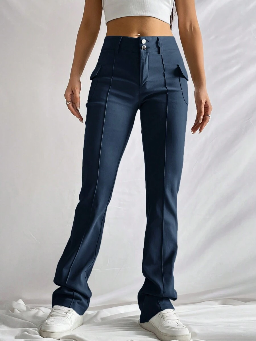 SHEIN EZwear 側翻蓋口袋喇叭褲 - 藏蓝色 - 查看 1