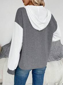 SHEIN Essnce Colorblock Half Button Drawstring Hoodie - Dark Grey - View 2