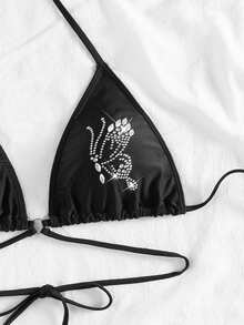 Black Halter Thin Strap Bikini Top With Rhinestones - Black - View 5