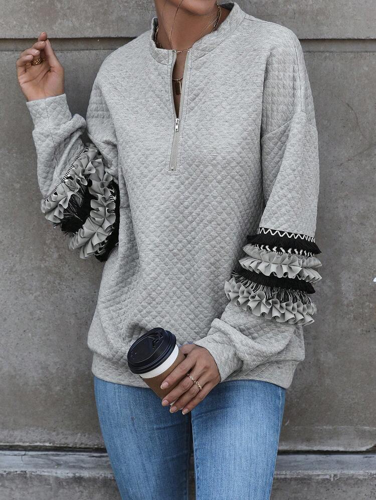 Frill Trim Half Zip Drop Shoulder Sweatshirt Pullover Fall Sweatshirt