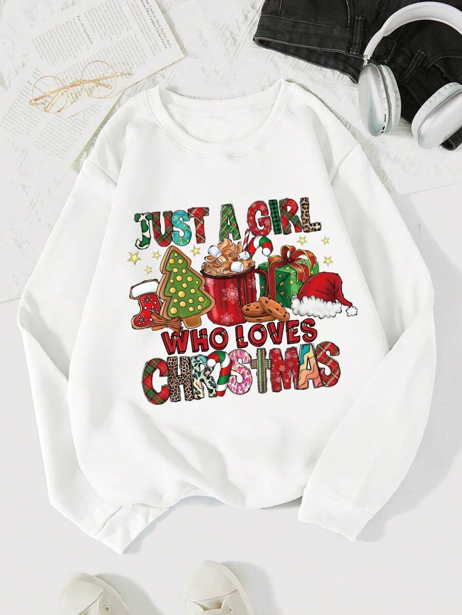 SHEIN EZwear 大碼聖誕圖案加絨內裏運動衫 - 白色 - 查看 1