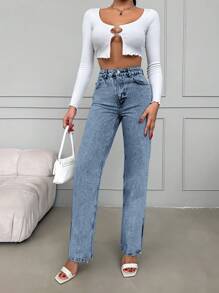 EURMUSE Women's Flare-leg Jeans With Split Hem - Blue - View 6