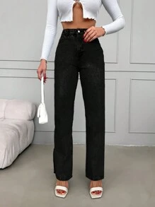 EURMUSE Women's Straight Leg Jeans With Slit Hem - Black - View 4