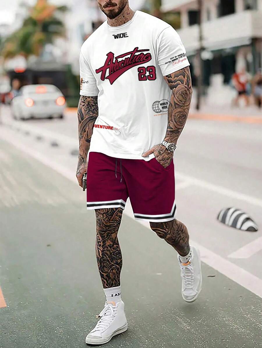Aesthetic Post 男士字母圖案T恤&條紋飾邊短褲 - 彩色 - 查看 1
