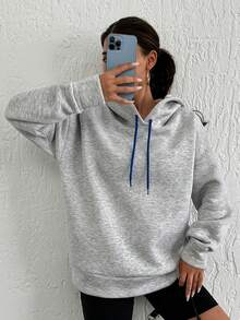 EURMUSE 小码女式字母图案落肩抽绳连帽毛衣 - 灰色 - 查看 3