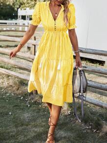 Breezaya Vertical Striped Flounce Sleeve Tassel Tie Neck Ruffle Hem Dress - Yellow - View 5