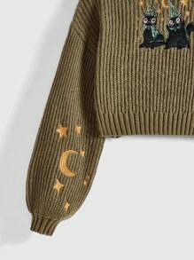 Libbyframe Cartoon Embroidered Oversized Pullover Sweater, School