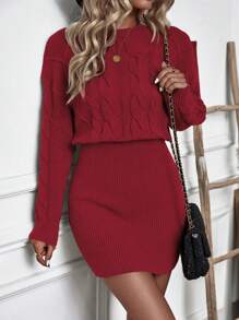 SHEIN Clasi Cable Knit Drop Shoulder Sweater Dress