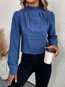 SHEIN Clasi Solid Mock Neck Puff Sleeve Blouse - Blue - View 3