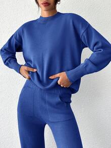 SHEIN Cottnline Women's Solid Color Round Neck Drop Shoulder Sweater And Straight Leg Pants Set - Royal Blue - View 3