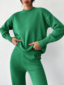 SHEIN Cottnline Ladies' Solid Colored Round Neck Drop Shoulder Sweater & Pants Two-Piece Set - Green - View 4