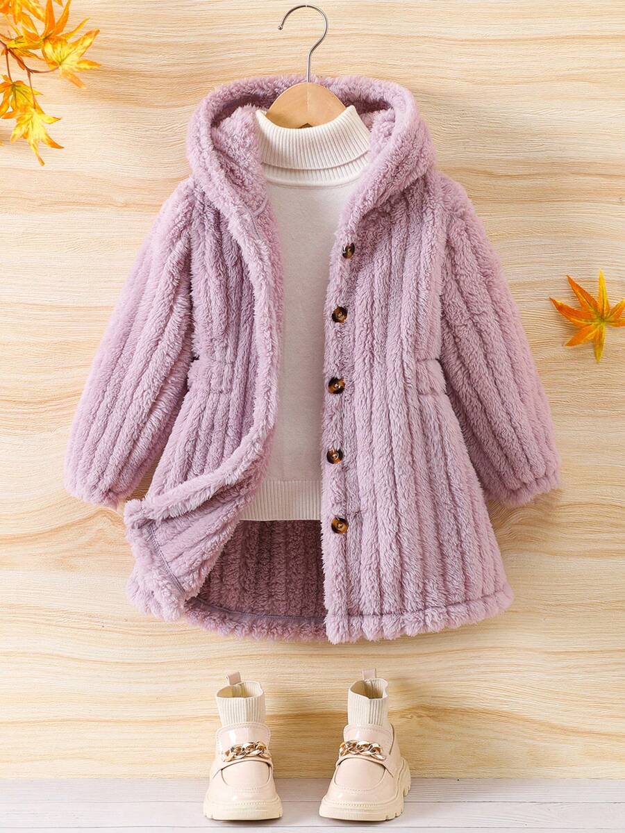 SHEIN 1 件毛絨保暖百搭經典街頭風格連帽長袖女童外套