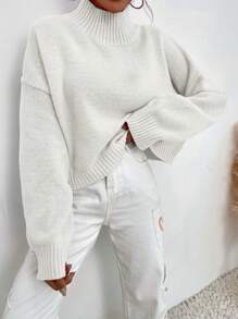 SHEIN LUNE Suéter de cuello alto con hombros caídos, blusas de manga larga - Blanco - Ver 7