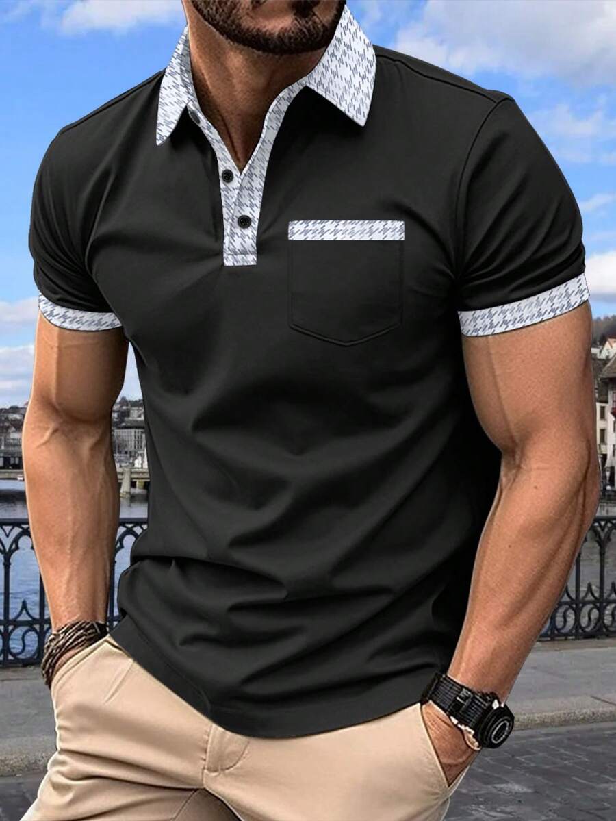Hombres Camisa polo con estampado de pata de gallo - Negro - Ver 1