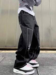 Manfinity Roghcode 男士鬆身牛仔褲，帶星星圖案和傾斜口袋，寬鬆長版洗後深色工裝牛仔褲，純黑派對街頭穿搭饒舌歌手 - 黑色 - 查看 4