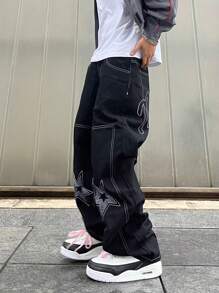 Manfinity Roghcode 男士鬆身牛仔褲，帶星星圖案和傾斜口袋，寬鬆長版洗後深色工裝牛仔褲，純黑派對街頭穿搭饒舌歌手 - 黑色 - 查看 6