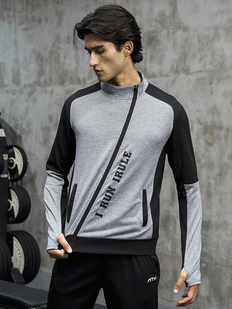 Boyfriend Style Men Letter Graphic Zip Up Contrast Raglan Sleeve Sports Jacket Workout Tops Sports Jacket