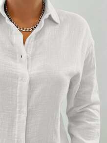 Drop Shoulder Solid Longline Shirt Summer Tops Vacation Clothes - White - View 5