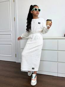 Cô gái Tween Thư được vá Thả vai Áo Crop Pullover & Váy - trắng - Xem 5