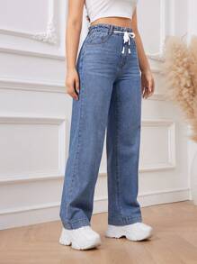 SHEIN Privé Drawstring Waist Straight Leg Jeans - Light Wash - View 4