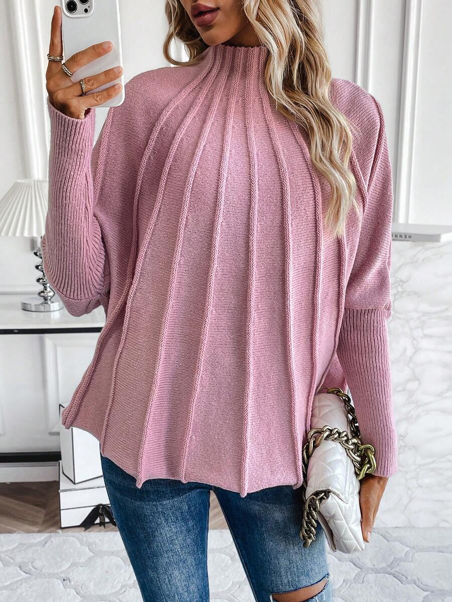 SHEIN LUNE Mock Neck Batwing Sleeve Sweater - Pink - View 1