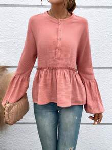 SHEIN VCAY Half Button Lantern Sleeve Peplum Blouse - Dusty Pink - View 5