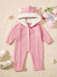Baby Girl 3D Ears Design Button Front Hooded Cable Knit Jumpsuit - Pink - View 1