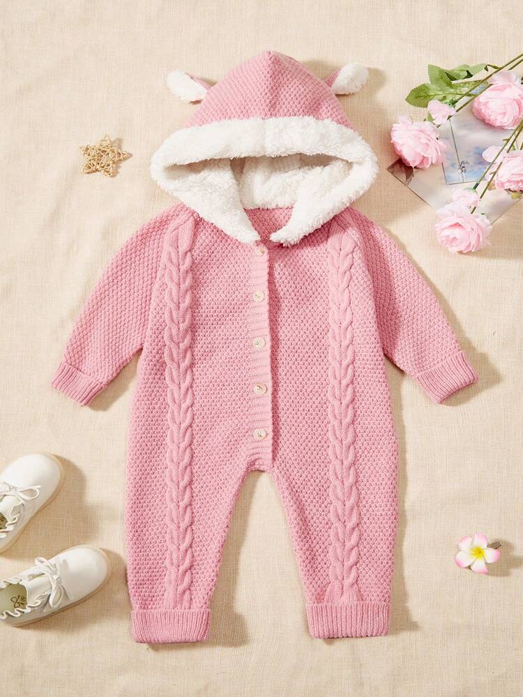 Baby Girl 3D Ears Design Button Front Hooded Cable Knit Jumpsuit