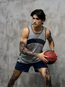 SHEIN Riding Men Letter Graphic Contrast Binding Sports Set Jersey Basketball Jersey Menmens Singletssports Wear For Menbasketball Jerseymens Sports Wear