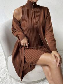 Chiquease High Neck Half Zipper Placket Sweater Dress & Cardigan - Coffee Brown - View 4
