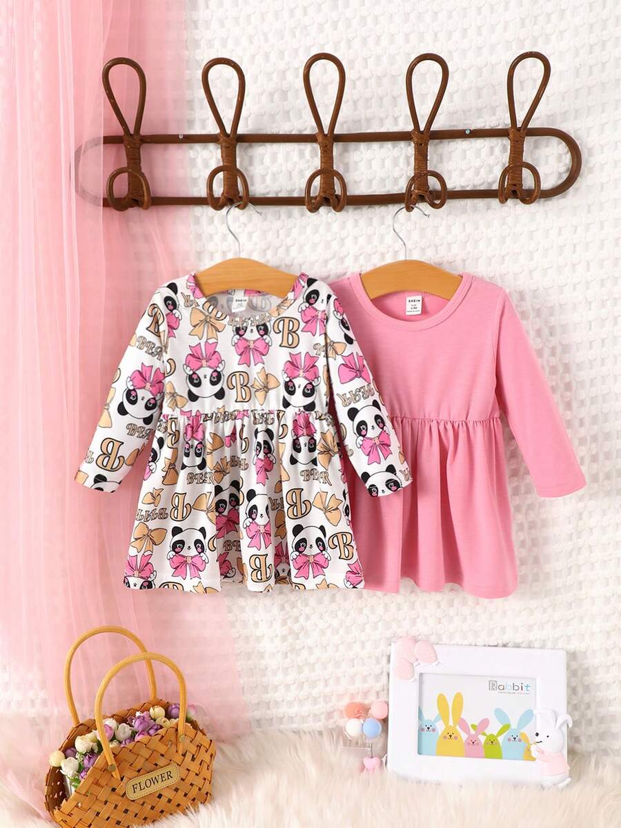 Baby Girl 2pcs Cartoon Graphic Smock Dress - Multicolor - View 1