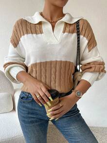 SHEIN Essnce Two Tone Cable Knit Drop Shoulder Sweater - Khaki - View 4