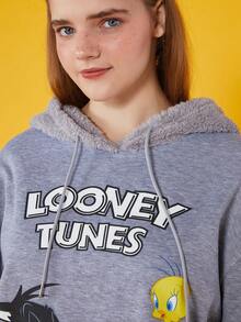LOONEY TUNES X SHEIN 卡通和字母圖形飛肩連帽衛衣（大尺碼） - 灰色 - 查看 6