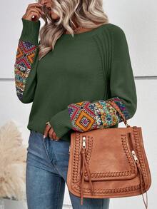 EMERY ROSE 幾何圖案插肩袖套頭毛衣 - 軍綠色 - 查看 6