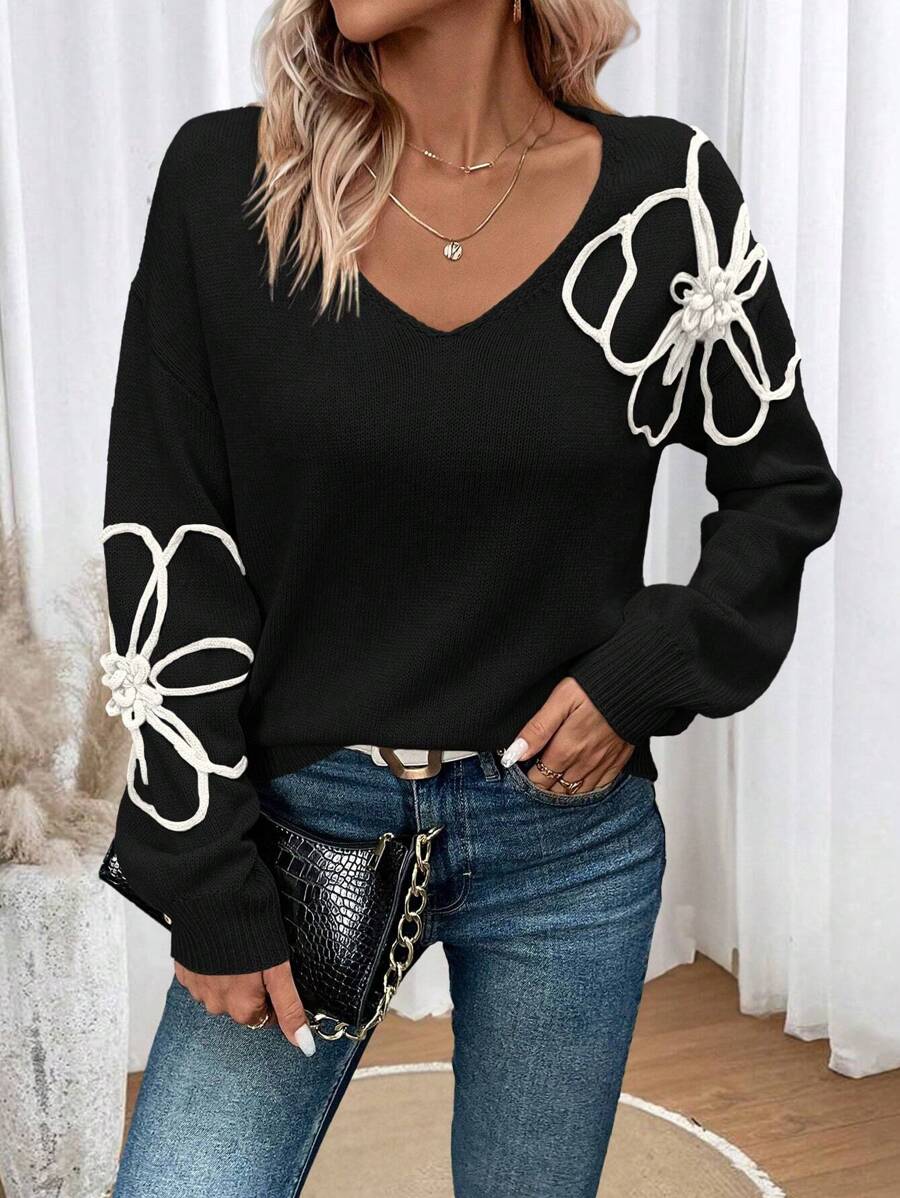 EMERY ROSE Floral Pattern Drop Shoulder Sweater,Long Sleeve Tops Knit Pullover Fall Winter Sweater - Black and White - View 1