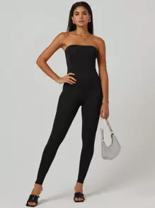 INAWLY Solid Tube Unitard Jumpsuit - Black - View 1
