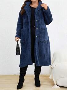 SHEIN LUNE 大碼雙口袋落肩袖法蘭絨外套 - 藏蓝色 - 查看 1